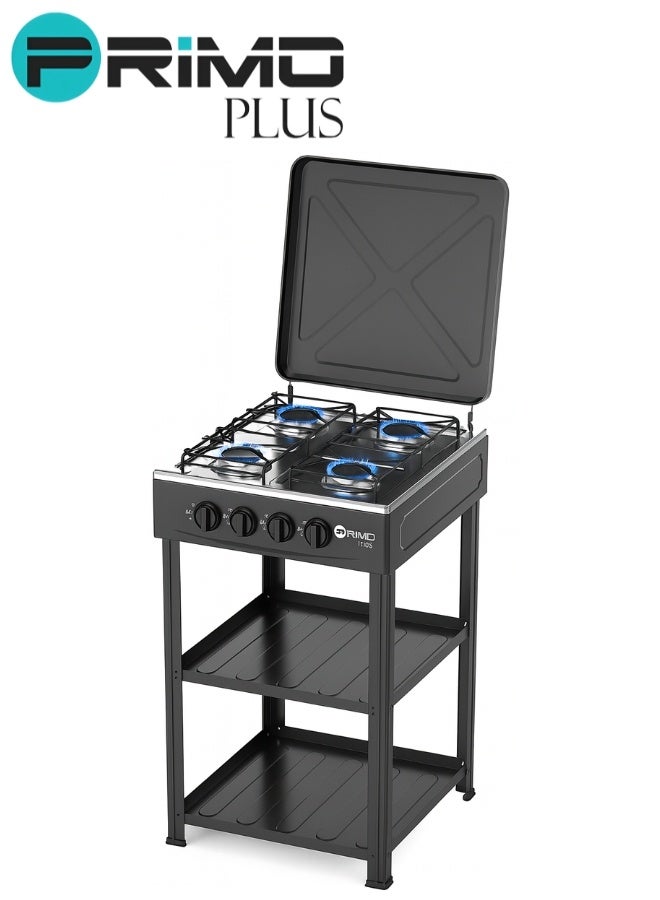 بريمو بلس موقد غاز 4 شعلات من بريمو بلس موديل PR619 – جسم معدني كامل مطلي بالمينا البورسلين، غطاء معدني مقاوم للغبار، رفوف مطلية بالمينا، شبكة معدنية، إشعال يدوي، لهب قابل للتعديل، تصميم متين بلهب فعال ومناسب للاستخدام المنزلي والمخيمات - Image 2