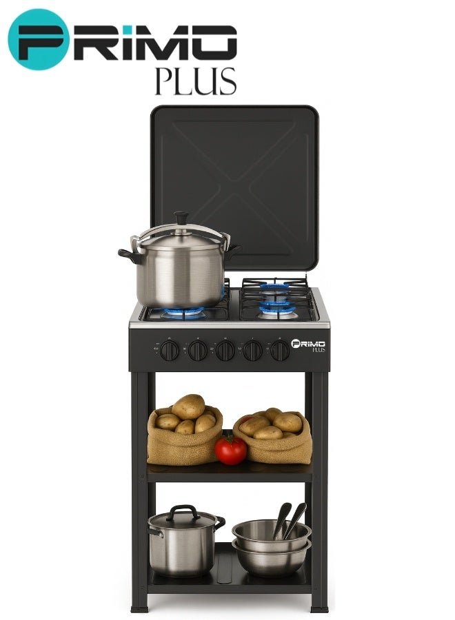 بريمو بلس موقد غاز 4 شعلات من بريمو بلس موديل PR619 – جسم معدني كامل مطلي بالمينا البورسلين، غطاء معدني مقاوم للغبار، رفوف مطلية بالمينا، شبكة معدنية، إشعال يدوي، لهب قابل للتعديل، تصميم متين بلهب فعال ومناسب للاستخدام المنزلي والمخيمات - Image 1