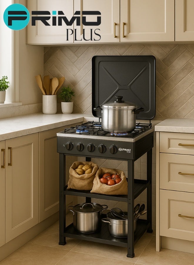 بريمو بلس موقد غاز 4 شعلات من بريمو بلس موديل PR619 – جسم معدني كامل مطلي بالمينا البورسلين، غطاء معدني مقاوم للغبار، رفوف مطلية بالمينا، شبكة معدنية، إشعال يدوي، لهب قابل للتعديل، تصميم متين بلهب فعال ومناسب للاستخدام المنزلي والمخيمات - Image 4
