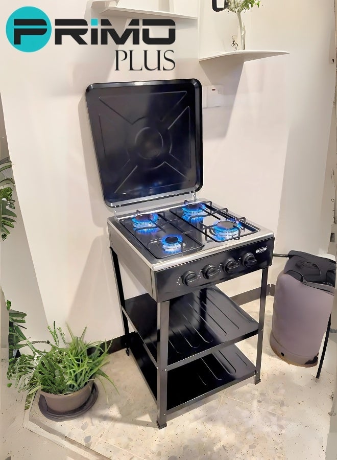 بريمو بلس موقد غاز 4 شعلات من بريمو بلس موديل PR619 – جسم معدني كامل مطلي بالمينا البورسلين، غطاء معدني مقاوم للغبار، رفوف مطلية بالمينا، شبكة معدنية، إشعال يدوي، لهب قابل للتعديل، تصميم متين بلهب فعال ومناسب للاستخدام المنزلي والمخيمات - Image 5