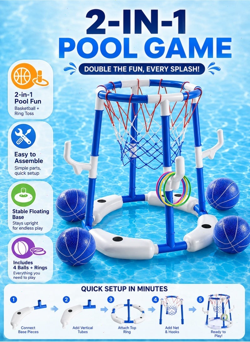 Topyich 17PCS Pool Toys Set, Floating Basketball Hoop & Inflatable Pool Ring Toss with 4 Balls and Pump, Swimming Toys, Water Sport Fun Floats Accessories(Blue) - Image 3