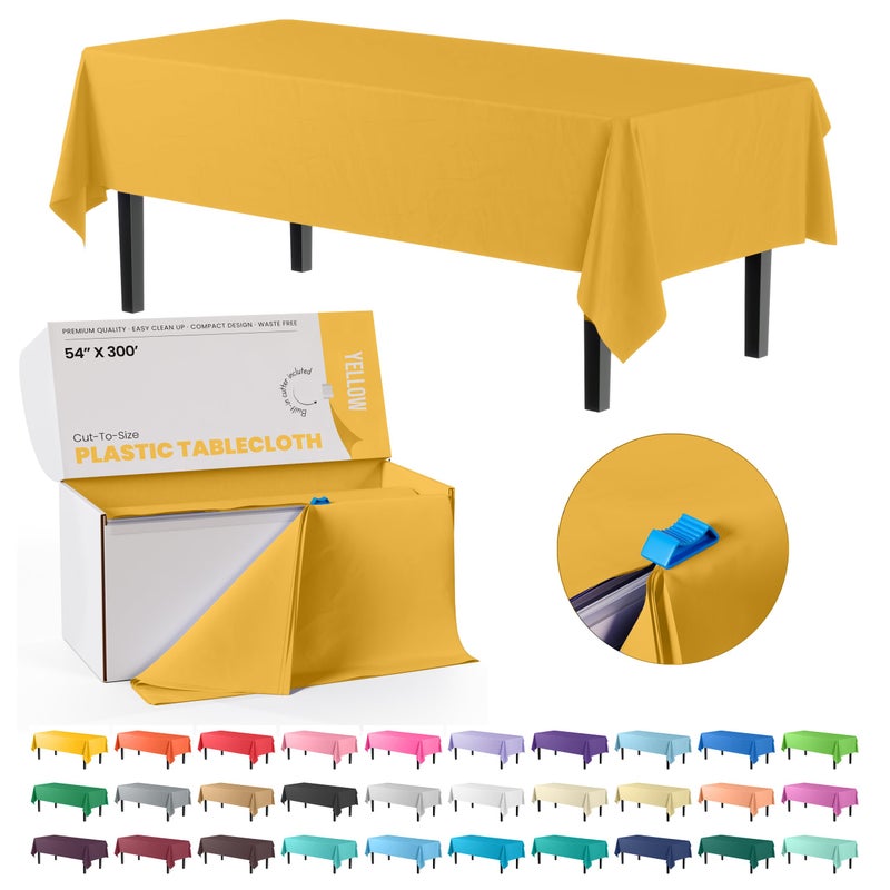 Party Solids Exquisite Party Solids 54 Inch X 300 Feet Yellow Plastic Table Cover Roll in A Cut  to  Size Box with Convenient Slide Cutter Cuts Up to 36 Rectangle 8 Feet Plastic Disposable Tablecloths