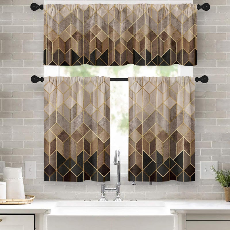 Tayney Brown Kitchen Window Curtains Valance and Tier Set 36 Inch, Geometric Gradient Cubic Lines Rod Pocket Short Tier Curtain for Bathroom, Modern Small Cafe Drapes for Kitchen Decor - Image 1
