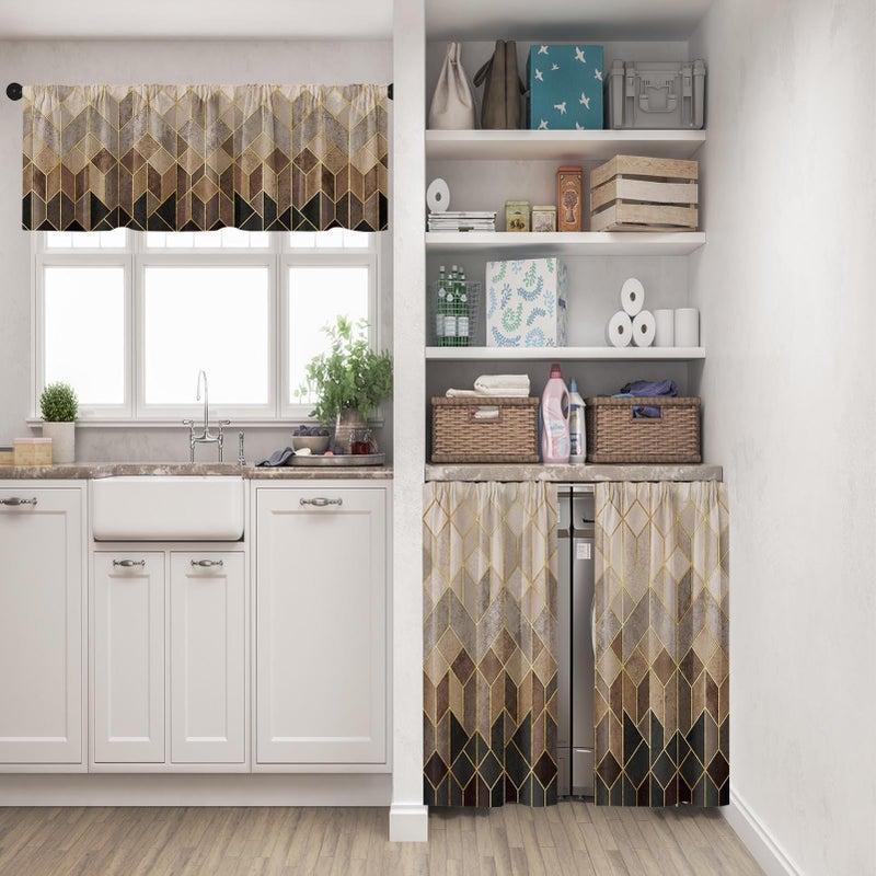 Tayney Brown Kitchen Window Curtains Valance and Tier Set 36 Inch, Geometric Gradient Cubic Lines Rod Pocket Short Tier Curtain for Bathroom, Modern Small Cafe Drapes for Kitchen Decor - Image 2