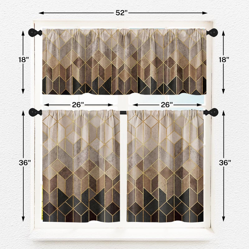 Tayney Brown Kitchen Window Curtains Valance and Tier Set 36 Inch, Geometric Gradient Cubic Lines Rod Pocket Short Tier Curtain for Bathroom, Modern Small Cafe Drapes for Kitchen Decor - Image 3