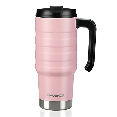HAUSHOF 24 oz Travel Mug Stainless Double Wall Vacuum Insulated Tumbler with Handle  Spill Proof Twist On Flip Lid and Wide Mouth BPA Free Pink