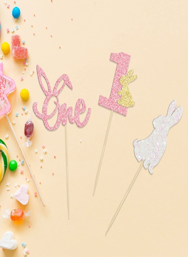 Ephlyn 24Pcs Easter Bunny One Cupcake Toppers Some Bunny is One Birthday Decorations Pink Glitter Easter Cake Decorations Bunny Easter Theme Girl Spring Theme First Birthday Party Decorations - Image 4