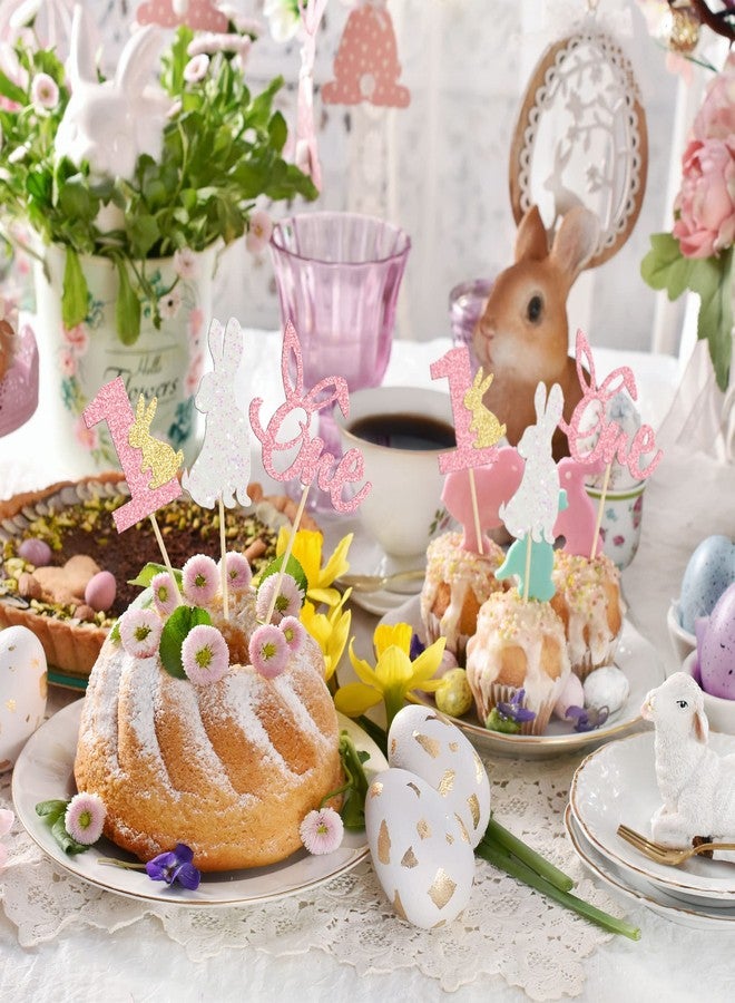 Ephlyn 24Pcs Easter Bunny One Cupcake Toppers Some Bunny is One Birthday Decorations Pink Glitter Easter Cake Decorations Bunny Easter Theme Girl Spring Theme First Birthday Party Decorations - Image 5