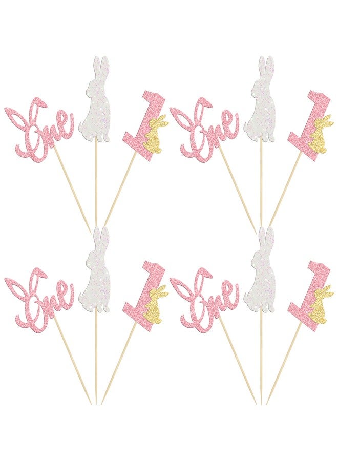 Ephlyn 24Pcs Easter Bunny One Cupcake Toppers Some Bunny is One Birthday Decorations Pink Glitter Easter Cake Decorations Bunny Easter Theme Girl Spring Theme First Birthday Party Decorations - Image 3