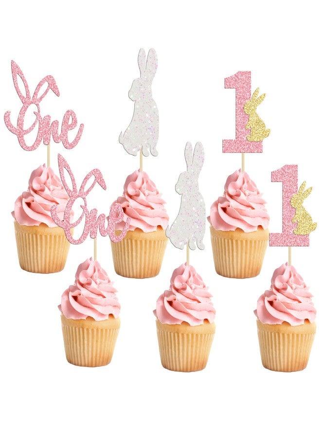 Ephlyn 24Pcs Easter Bunny One Cupcake Toppers Some Bunny is One Birthday Decorations Pink Glitter Easter Cake Decorations Bunny Easter Theme Girl Spring Theme First Birthday Party Decorations - Image 1