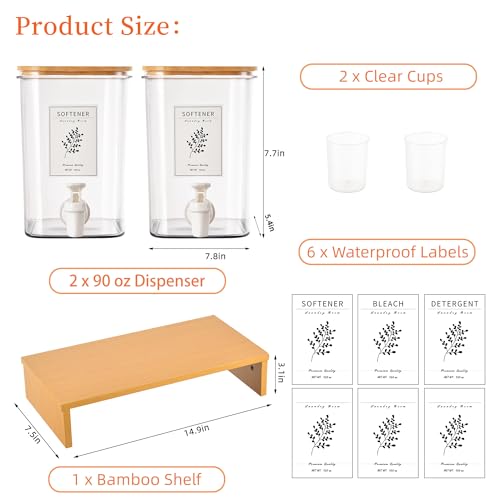 RoleDes Liquid Laundry Detergent Dispenser Set with Shelf and Bamboo Lids for Laundry Room Organization and Storage - 2 Pack 96 oz Laundry Containers for Laundry Soap, Fabric Softener - Image 5