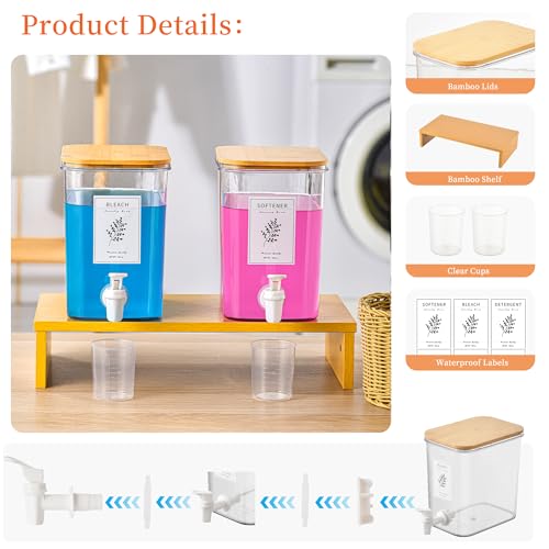 RoleDes Liquid Laundry Detergent Dispenser Set with Shelf and Bamboo Lids for Laundry Room Organization and Storage - 2 Pack 96 oz Laundry Containers for Laundry Soap, Fabric Softener - Image 4