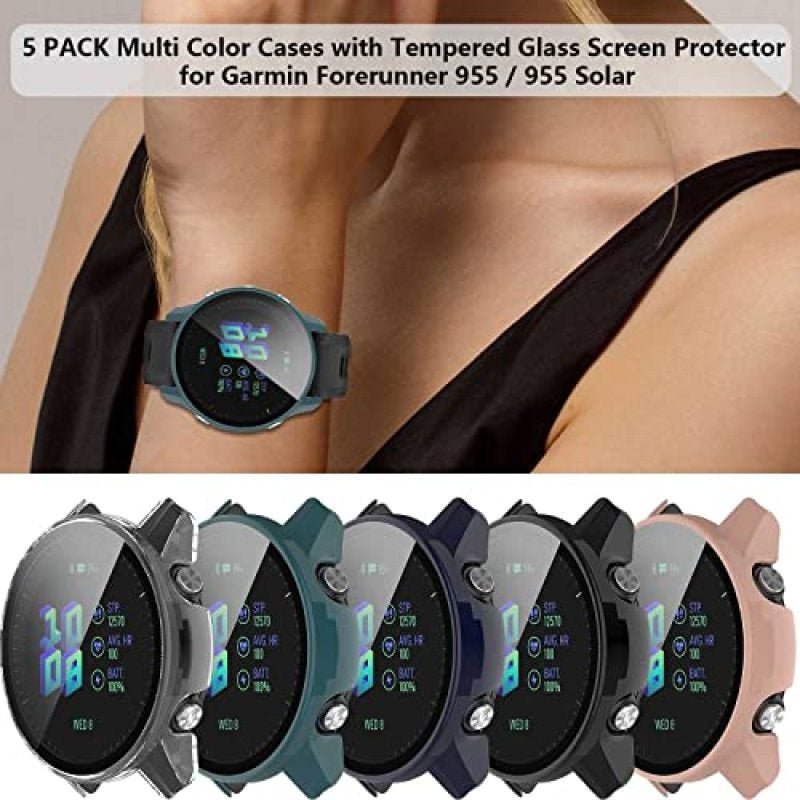 Watch Case: 5-Pack Polycarbonate With Integrated Tempered Glass Screen Protector - Full Coverage Protection Ultra-Thin Profile Snap-On Installation For Garmin Forerunner 955 955 Solar Outdoor Athletes - Image 2