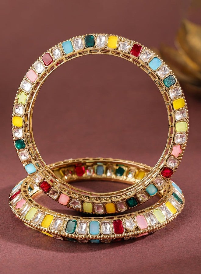 Rubans Set of 2 18K Gold-Plated Brass Bangles with Multi-Coloured Zirconia Stones for Women & Girls - Image 5