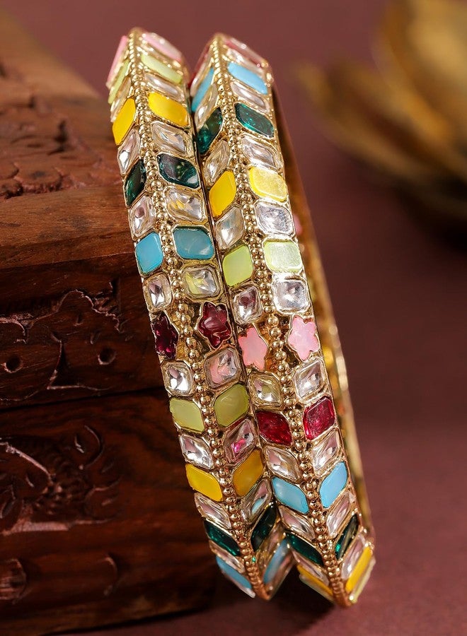 Rubans Set of 2 18K Gold-Plated Brass Bangles with Multi-Coloured Zirconia Stones for Women & Girls - Image 4