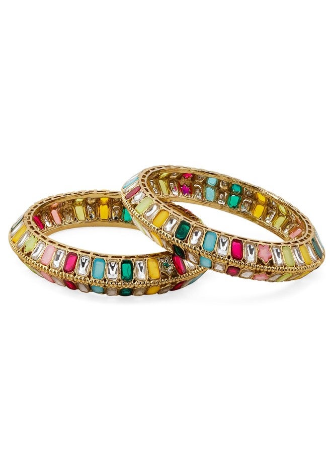Rubans Set of 2 18K Gold-Plated Brass Bangles with Multi-Coloured Zirconia Stones for Women & Girls - Image 2