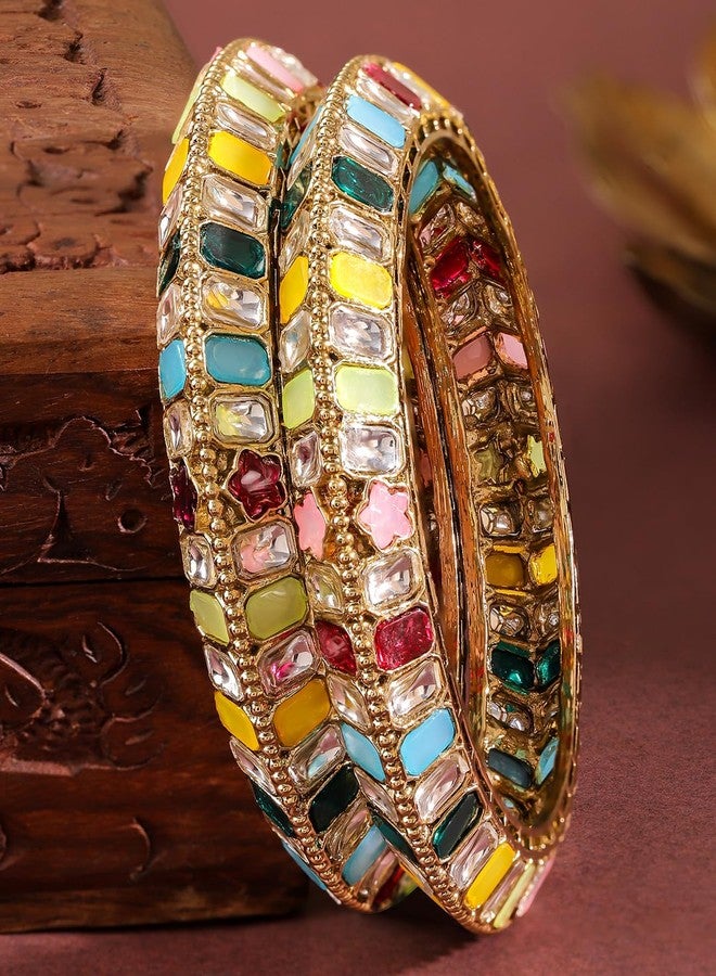 Rubans Set of 2 18K Gold-Plated Brass Bangles with Multi-Coloured Zirconia Stones for Women & Girls - Image 3