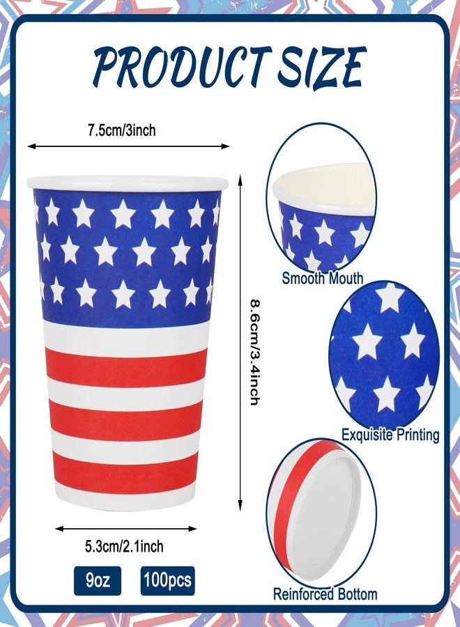 Whaline أكواب ورقية من واهلين 100 قطعة لعيد الاستقلال أكواب ورقية قابلة للتصرف بعلم أمريكا 9 أونص أحمر أزرق أبيض نجوم وخطوط لأكواب الشرب في حفلة عيد الاستقلال - Image 2