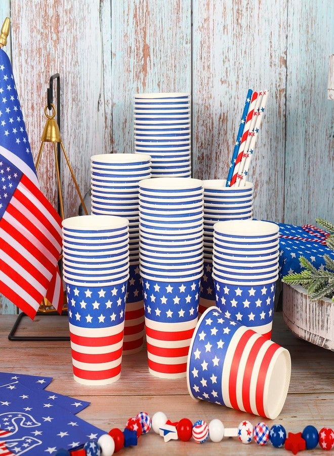 Whaline أكواب ورقية من واهلين 100 قطعة لعيد الاستقلال أكواب ورقية قابلة للتصرف بعلم أمريكا 9 أونص أحمر أزرق أبيض نجوم وخطوط لأكواب الشرب في حفلة عيد الاستقلال - Image 3
