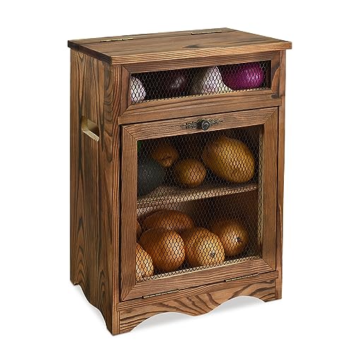 Ikee Design Free Assemble Wooden Countertop Potato and Onion Storage Bin BoxCountertop Cabinet Wooden Bread Boxes Potato Storage Coffee Station 118W x 68D x 16H in Rustic Color