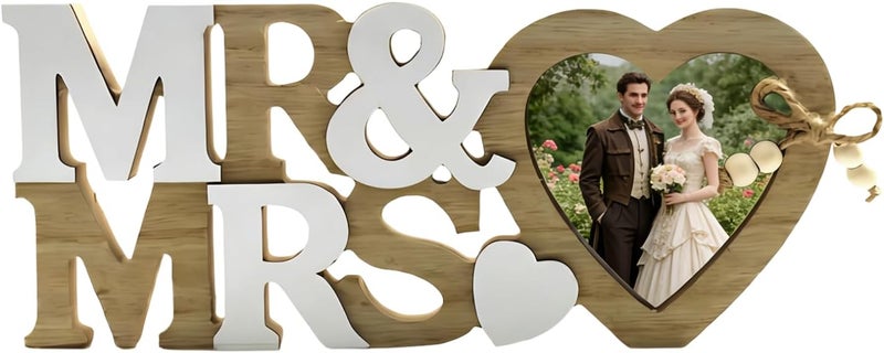 Mr & Mrs Wooden Picture Frame, Heart Design, Creative Art Craft Tabletop Display, Home Decor, Ideal Gift for Wedding, Newlyweds, Anniversary - Image 1