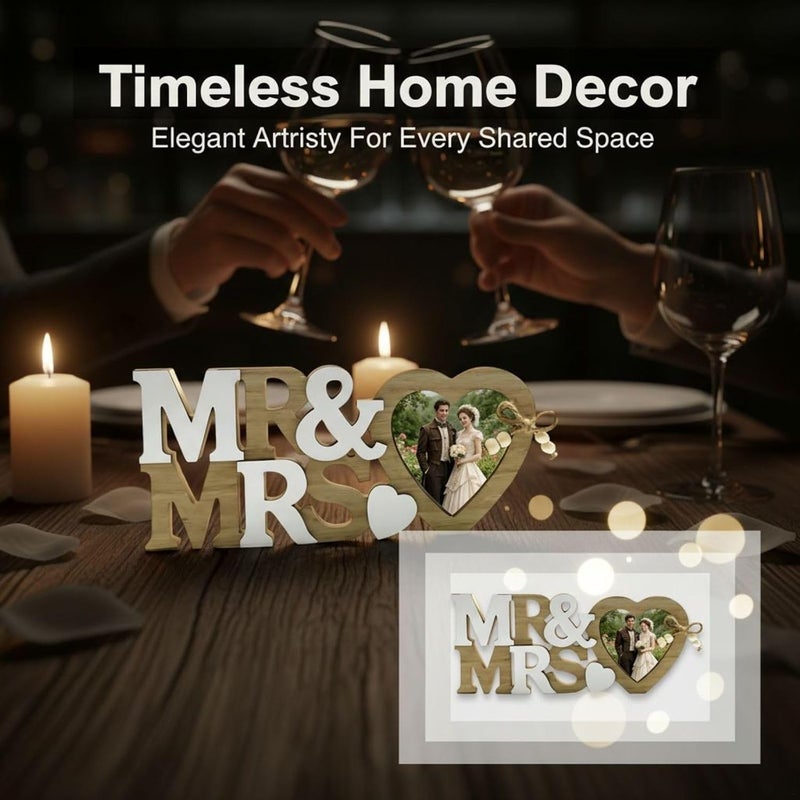 Mr & Mrs Wooden Picture Frame, Heart Design, Creative Art Craft Tabletop Display, Home Decor, Ideal Gift for Wedding, Newlyweds, Anniversary - Image 5