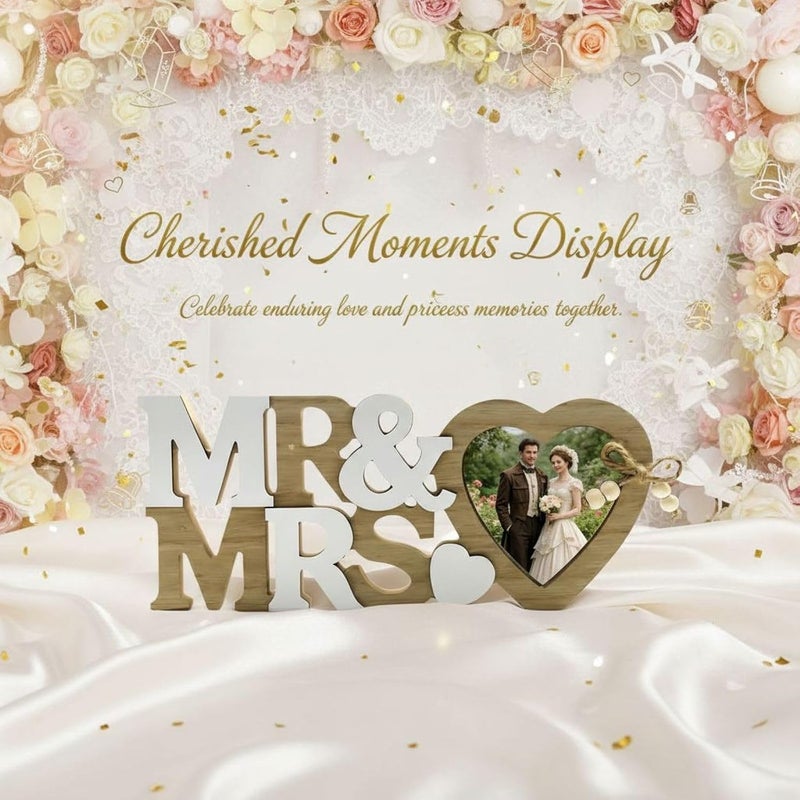Mr & Mrs Wooden Picture Frame, Heart Design, Creative Art Craft Tabletop Display, Home Decor, Ideal Gift for Wedding, Newlyweds, Anniversary - Image 4
