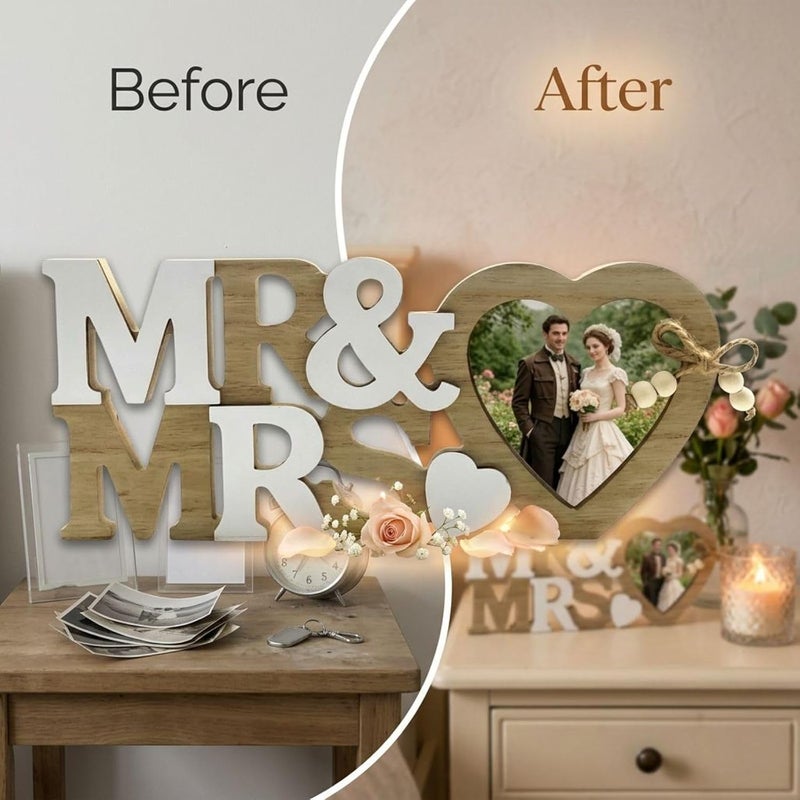 Mr & Mrs Wooden Picture Frame, Heart Design, Creative Art Craft Tabletop Display, Home Decor, Ideal Gift for Wedding, Newlyweds, Anniversary - Image 3