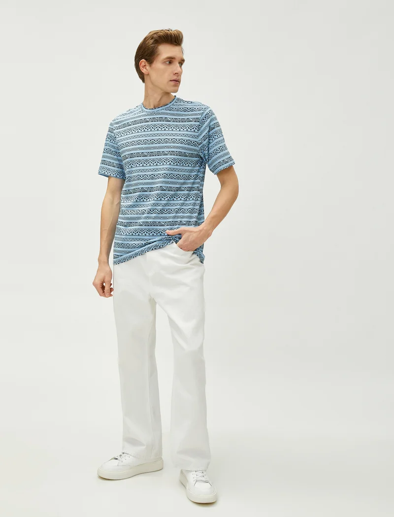 KOTON Ethnic Printed T-Shirt Crew Neck Slim Fit Cotton