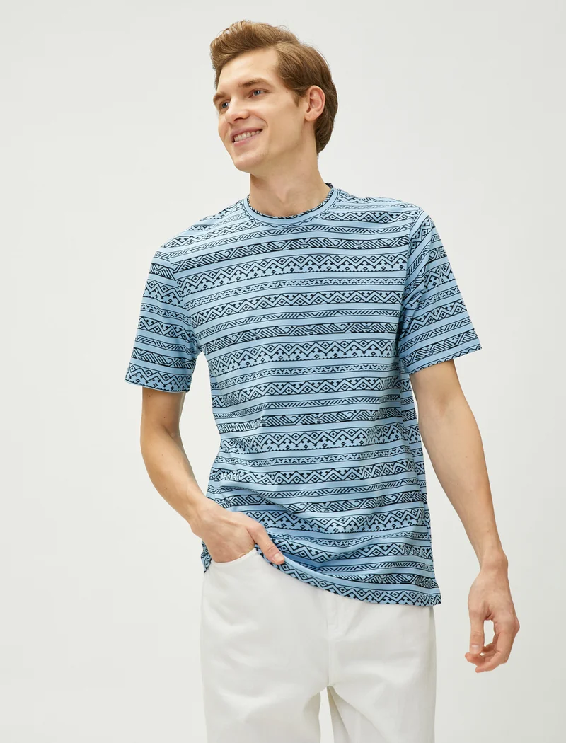 KOTON Ethnic Printed T-Shirt Crew Neck Slim Fit Cotton
