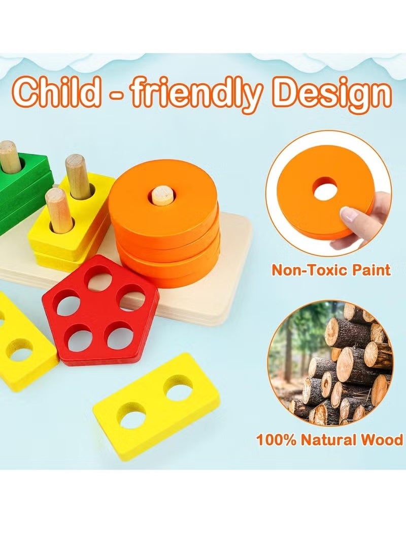 Gonice - Wooden Sorting & Stacking Toys for Toddlers and Kids Preschool, Educational Toys, Color Recognition Stacker Shape Sorter, Learning Puzzles Gift - Image 1