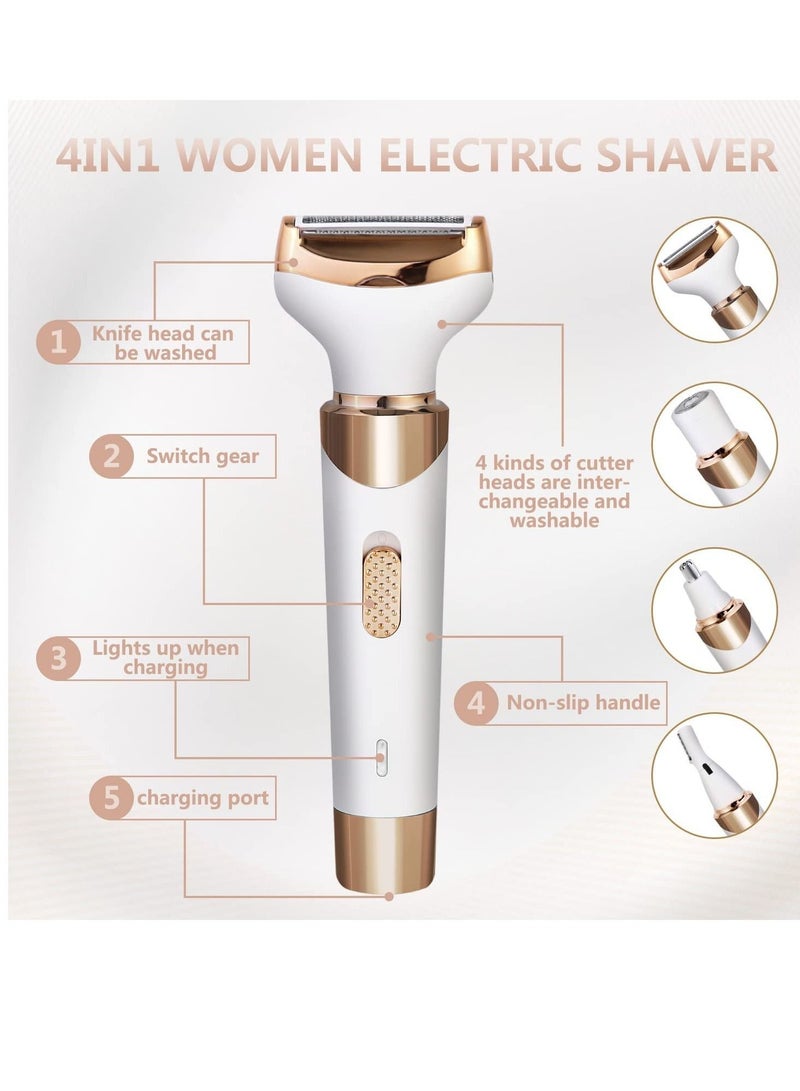 Women Electric Razor Bikini Trimmer, Women's Shaver Cordless Portable 4 in 1 Painless Shaver, ​for face Legs Brows Nose Underarms Nose Eyebrow Body Hair Detachable Head USB Rechargeable Hair