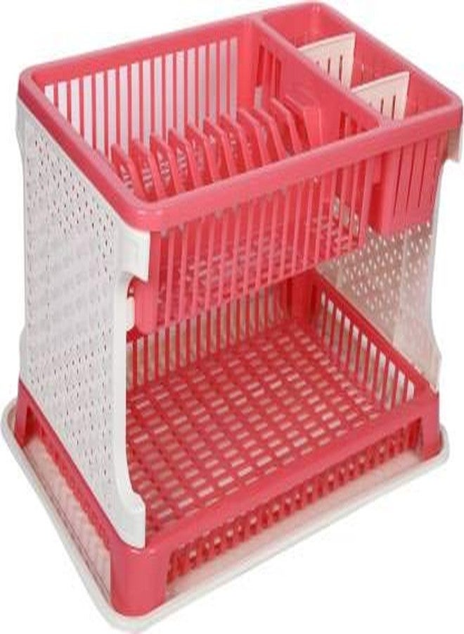 NEWON Plastic 2 Layer Multipurpose Kitchen Dish Rack, Fruits and Vegetable Drying Drain and Storage Stand with Water Storing Tray (Pink) - Image 3