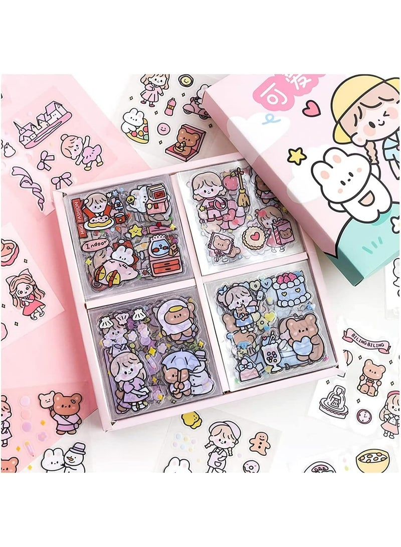 Kandid Stickers Set, 100 Sheets 600+ Small Pieces Cute PET Transparent Cartoon Character Animal Flower Decorative Scrapbook Sticker Decal for DIY Arts Crafts, Album, Planners, Calendars and Notebook - Image 1