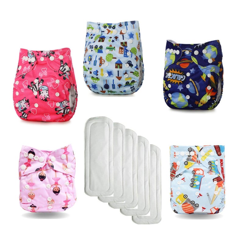 Moppets Baby Reusable Pocket Cloth Diaper with 2 Microfiber 4Layer Nappy Inserts (PACK OF 5) - Image 1