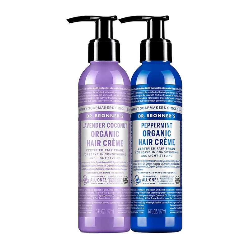 Dr. Bronner's Dr Bronners  Organic Hair Crme 6 oz Variety Pack Lavender Coconut  Peppermint  LeaveIn Conditioner and Styling Cream Made with Organic Oils Hair Cream Supports Shine and Strength Nourishes Scalp NonGMO  2 Count