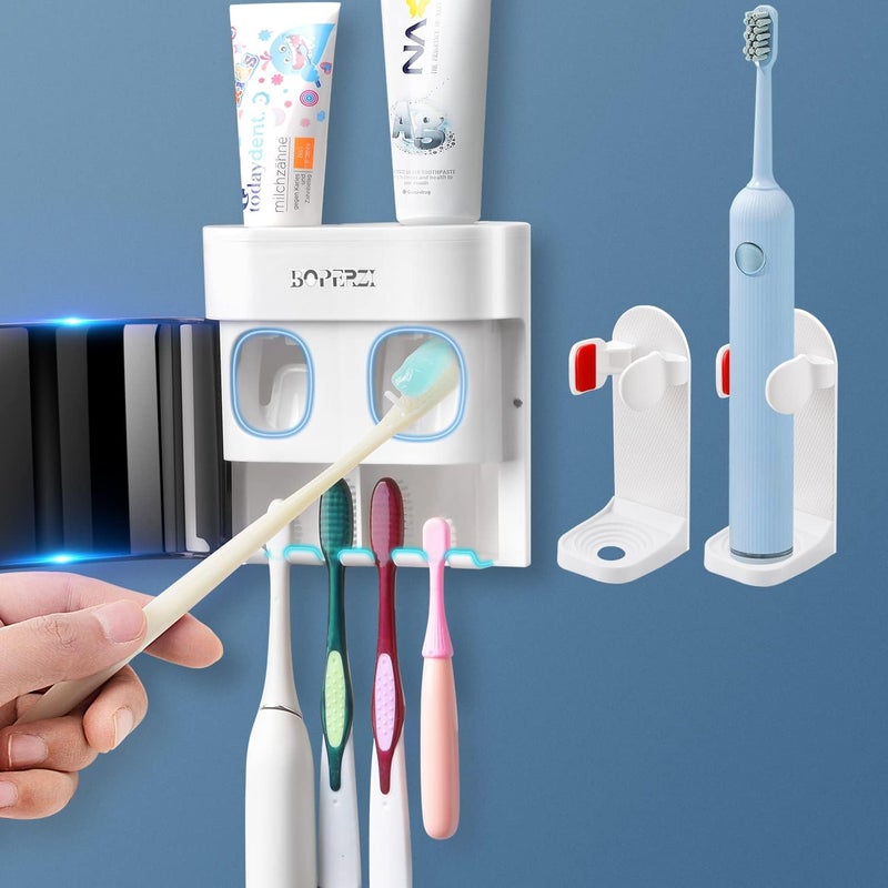 Boperzi 2 Pack Electric Toothbrush Stander and Toothbrush Holder Wall Mounted Automatic Toothpaste Dispenser Dustproof Cover Toothbrush Holder for Shower Bathroom Set Kids Family(Black+2 Pack) - Image 1