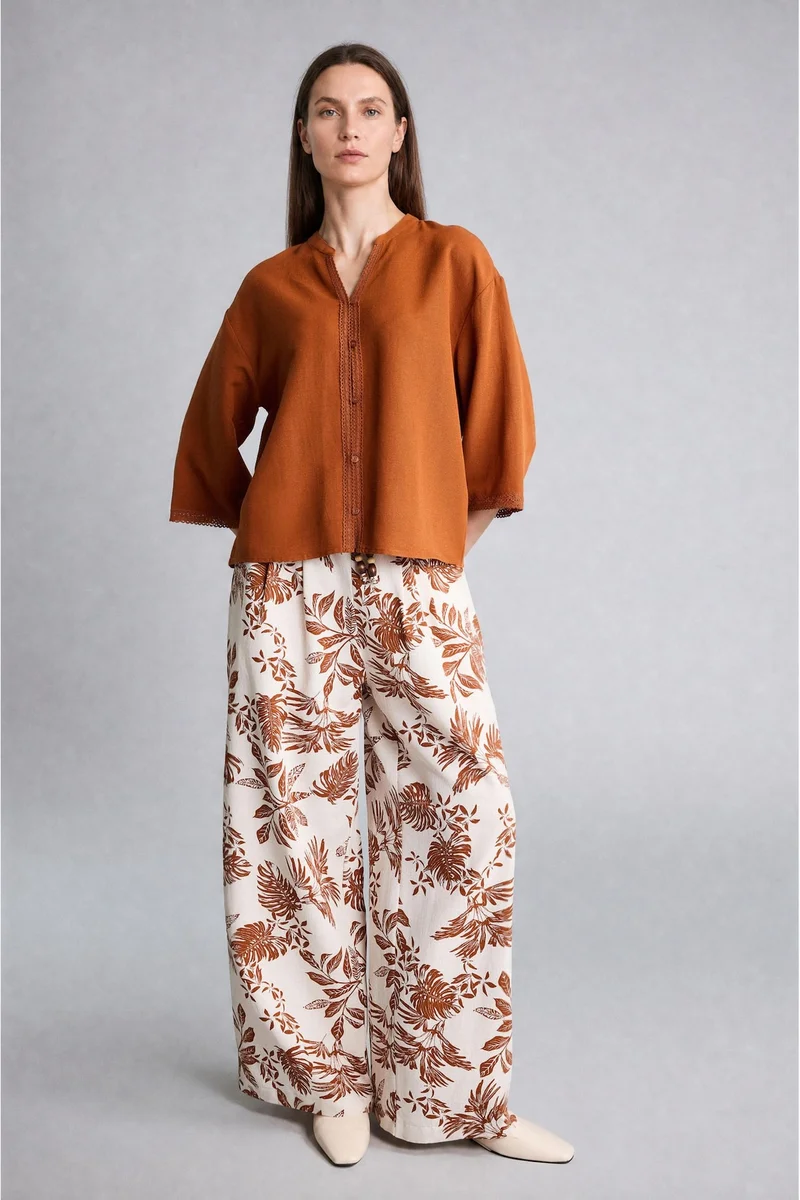 Defacto Relax Fit Crew Neck Linen Blended Long Sleeve Shirt