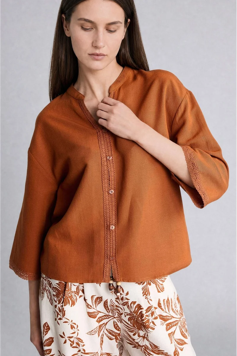 Defacto Relax Fit Crew Neck Linen Blended Long Sleeve Shirt