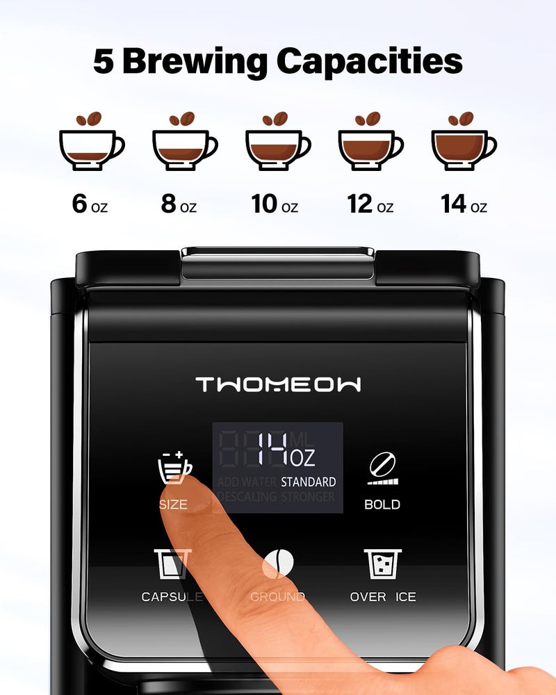 TWOMEOW Coffee Maker Hot & Iced With Bold Setting,Single Serve Coffee Maker For K Cup And Grounds,52 Oz Removable Water Tank,6-14 Oz Brew Sizes,One Cup Kcup Coffee Machine With Reusable Filter,(Black) - Image 4