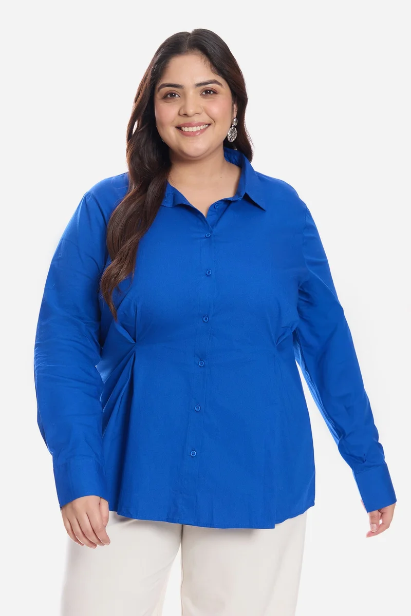 Virgio Solid Cotton Waist Button Full Sleeve Plus Size Shirt for Women