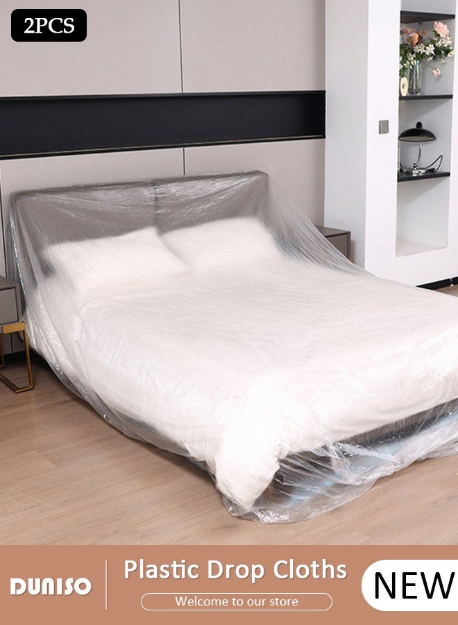 2 Pcs Disposable Elastic Dustproof Film Plastic Sofa Couch Cover, Waterproof & Dustproof Plastic Bed , Sofa Bed Couch Furniture Protector Cover Shelter for Moving Protection and Long Term Storage