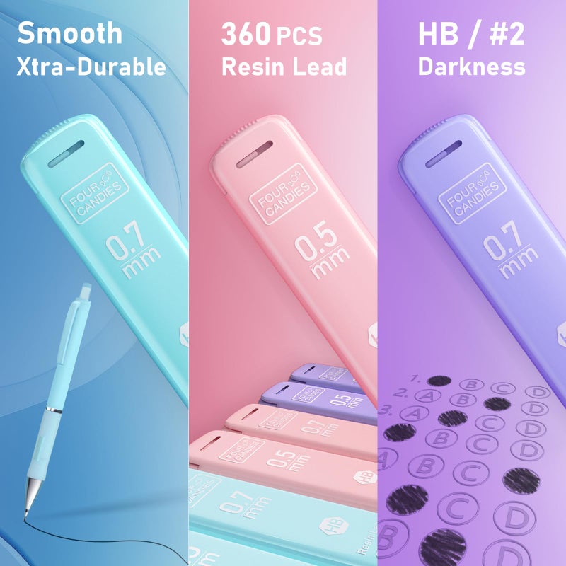 Four Candies Cute Mechanical Pencil Set, 6PCS Pencils 0.5 mm & 0.7mm with 360PCS Lead Refills, Pastel Erasers, Case for School Supplies - Image 3