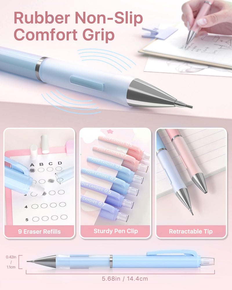Four Candies Cute Mechanical Pencil Set, 6PCS Pencils 0.5 mm & 0.7mm with 360PCS Lead Refills, Pastel Erasers, Case for School Supplies - Image 5