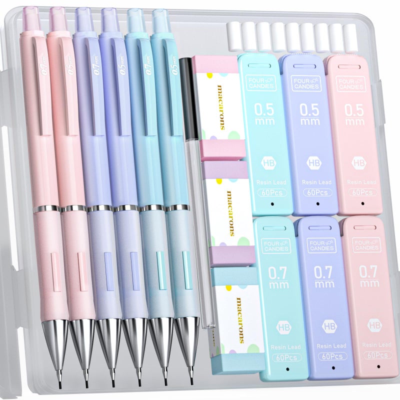 Four Candies Cute Mechanical Pencil Set, 6PCS Pencils 0.5 mm & 0.7mm with 360PCS Lead Refills, Pastel Erasers, Case for School Supplies - Image 1