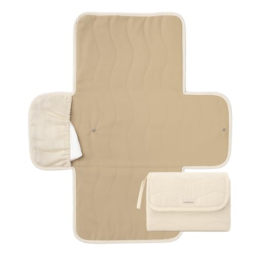 Toddlekind Mini Maven Portable Changing Pad Organic Cotton WaterResistant Polyester TravelFriendly Foldable Change Mat Tofu Beige Stripes with Wave Stitching Chic Durable Easy to Clean - Image 1