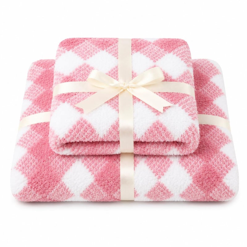 2 Pieces Bath Towel Set, Diamond Pattern Bath Towel and Hand Towel, Soft Bath Towel for Daily Use, Gym, Travel (Pink) - Image 2