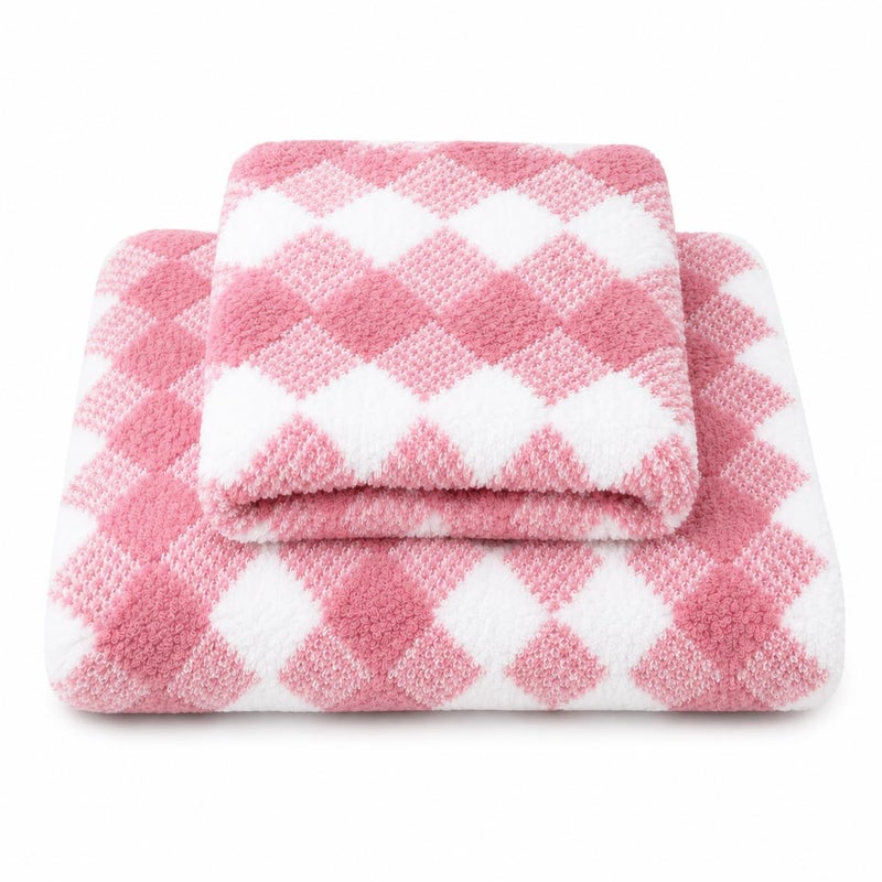 2 Pieces Bath Towel Set, Diamond Pattern Bath Towel and Hand Towel, Soft Bath Towel for Daily Use, Gym, Travel (Pink) - Image 1