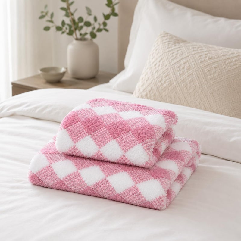 2 Pieces Bath Towel Set, Diamond Pattern Bath Towel and Hand Towel, Soft Bath Towel for Daily Use, Gym, Travel (Pink) - Image 3