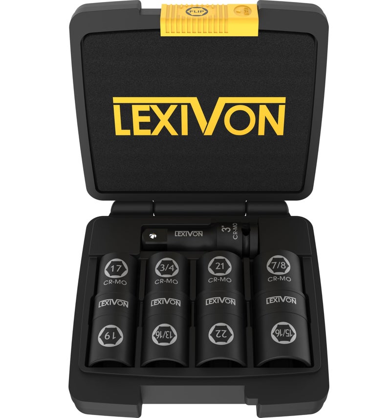 LEXIVON Lug Nut Impact Socket Set, 1/2-Inch Drive | Innovative 8-IN-4 Flip Socket Design, Covers Most Commonly Used Inch & Metric Wheel Nuts | Cr-Mo Steel = Full Impact Grade (LX-110) - Image 1